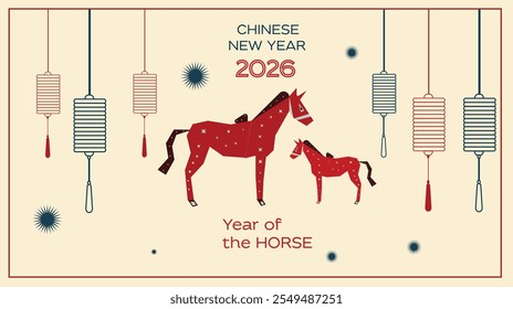 Chinese new year 2026 horse year of the horse. Red horse illustration and design. Red traditional Chinese vector designs with horse