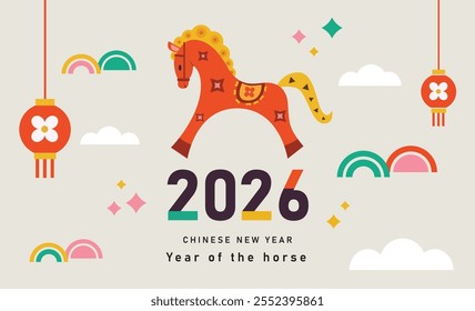 Chinese new year 2026 year of the horse. Red horse illustrations, vertical design, cards, banners. traditional Chinese vector designs with horse. horse Lunar new year concept, geometric modern vector