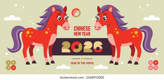 Chinese new year 2026 year of the Horse. Red Horse illustrations, design, cards, banners. Red traditional Chinese vector designs with horses. Lunar new year concept, geometric modern vector