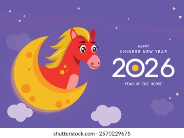 Chinese New Year 2026 Year of the horse. Chinese Zodiac Template, Poster Banner Flyer for Chinese New Year Vector Illustration. Chinese zodiac horse in geometric flat modern style.