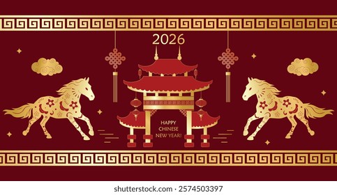 Chinese New Year 2026 with horse, clouds and vintage gold Сhinese Traditional temple with hanging paper lanterns and columns. Horizontal New Year banners, posters, newsletters. 2026 Lunar New Year