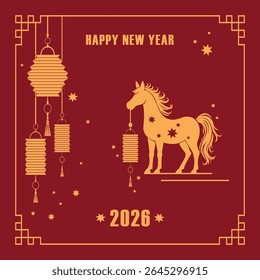 Chinese New Year 2026 Horse Zodiac Sign with Lanterns and Traditional Red Design. Symbol of the year. New Year card for social networks.