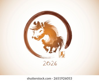 Chinese new year 2026 year of the horse Chinese zodiac symbol. Traditional oriental ink painting sumi-e, u-sin, go-hua. Greeting card in beige colors. Hieroglyph - horse