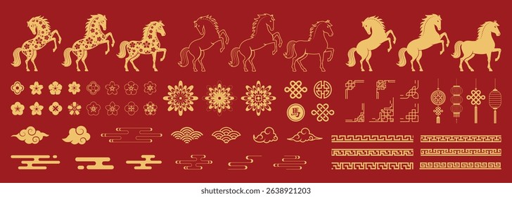 Chinese New Year 2026 icon set. Includes lanterns, horse, clouds, flowers, and traditional decorative elements.