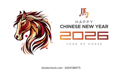 Chinese New Year 2026 illustration featuring a stylized horse head representing the Year of the Horse. Modern design and traditional Chinese patterns. Celebration New Year 2026. (Translated: horse)