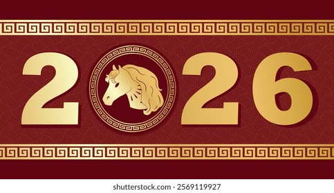 Chinese New Year 2026 numbers with horse head and vintage gold oriental Chinese border frames red luxury background. Horizontal New Year banners, posters, newsletters. 2026 Lunar New Year