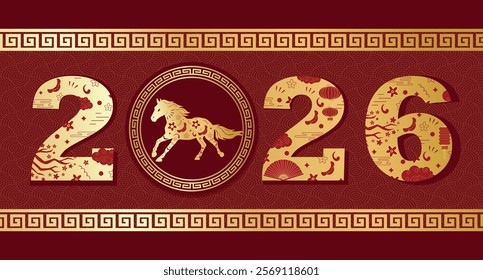 Chinese New Year 2026 ornate numbers with horse and vintage gold oriental Chinese border frames red luxury background. Horizontal luxury New Year banners, posters, newsletters. 2026 Lunar New Year