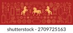 Chinese New Year 2026 vector illustration for Year of the Horse with gold line art horses, lanterns, lotus flowers, cloud symbols, geometric frames, round patterns and festive decorations. Suitable fo