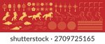 Chinese New Year 2026 vector illustration for Year of the Horse with gold line art horses, lanterns, lotus flowers, cloud symbols, geometric frames, round patterns and festive decorations. Suitable fo