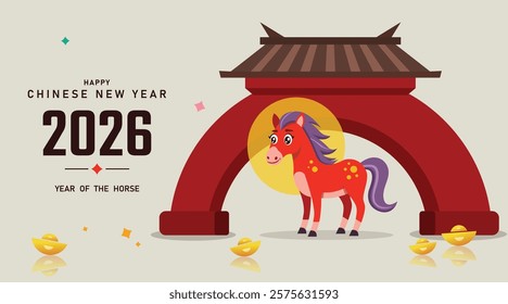 Chinese New Year 2026 vector illustration of Year of Horse cover, poster and sale banner. Chinese zodiac Horse symbol. illustration for cover, banner, website, envelope.