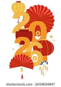 Chinese new year 2026. Vector vertical background. Festive gift card, banner, poster  template with hand drawn lanterns. Holiday illustration for web poster, flyers and brochures, greeting card