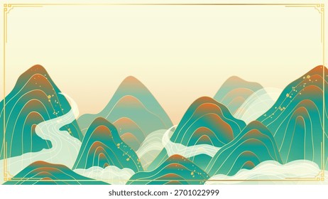 Ano Novo chinês 2026 quadro vetorial com montanhas douradas e ondas suaves — design oriental elegante para papel de parede, embalagem e publicidade.