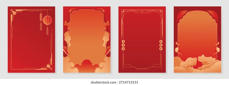 Marco decorativo chino del Vector del año Nuevo 2026 fijado con el arte rojo y dorado de la línea Diseño oriental elegante de la frontera para el empaquetado y el fondo de la invitación del cartel de la tarjeta de felicitación.