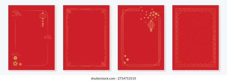Quadro decorativo vetor chinês Ano Novo 2026 definido com arte de linha vermelha e dourada. Design elegante borda oriental para saudar cartão cartaz convite embalagem e fundo.