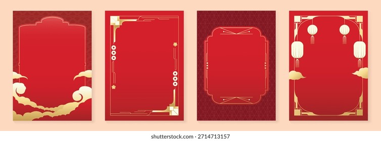 Quadro decorativo vetor chinês Ano Novo 2026 definido com arte de linha vermelha e dourada. Design elegante borda oriental para saudar cartão cartaz convite embalagem e fundo.