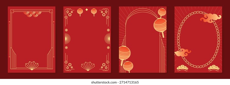 Chinese New Year 2026 vector decorative frame set with red and gold line art. Elegant oriental border design for greeting card poster invitation packaging and background.
