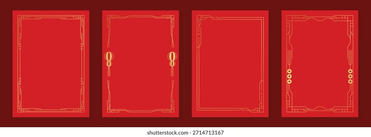 Marco decorativo chino del Vector del año Nuevo 2026 fijado con el arte rojo y dorado de la línea Diseño oriental elegante de la frontera para el empaquetado y el fondo de la invitación del cartel de la tarjeta de felicitación.