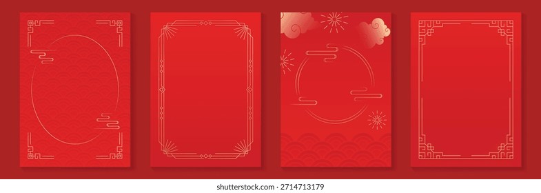 Marco decorativo chino del Vector del año Nuevo 2026 fijado con el arte rojo y dorado de la línea Diseño oriental elegante de la frontera para el empaquetado y el fondo de la invitación del cartel de la tarjeta de felicitación.