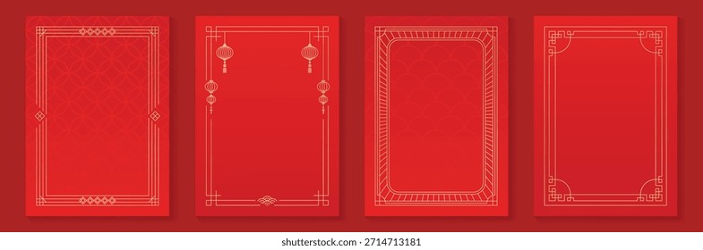 Quadro decorativo vetor chinês Ano Novo 2026 definido com arte de linha vermelha e dourada. Design elegante borda oriental para saudar cartão cartaz convite embalagem e fundo.