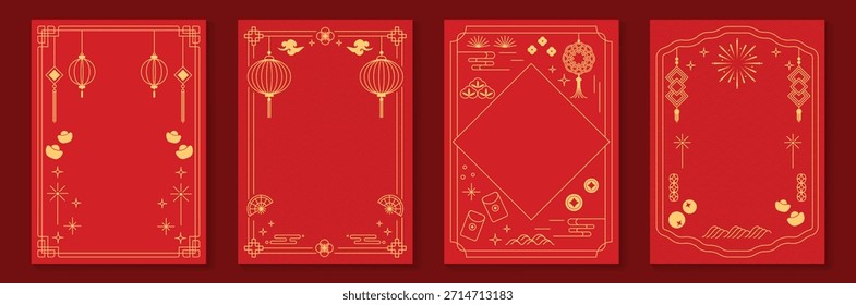 Marco decorativo chino del Vector del año Nuevo 2026 fijado con el arte rojo y dorado de la línea Diseño oriental elegante de la frontera para el empaquetado y el fondo de la invitación del cartel de la tarjeta de felicitación.