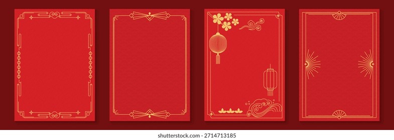 Marco decorativo chino del Vector del año Nuevo 2026 fijado con el arte rojo y dorado de la línea Diseño oriental elegante de la frontera para el empaquetado y el fondo de la invitación del cartel de la tarjeta de felicitación.