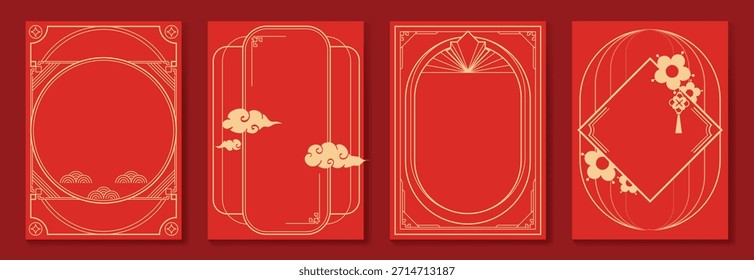 Chinese New Year 2026 vector decorative frame set with red and gold line art. Elegant oriental border design for greeting card poster invitation packaging and background.