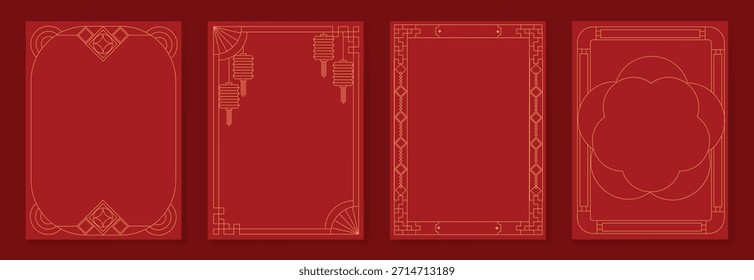 Marco decorativo chino del Vector del año Nuevo 2026 fijado con el arte rojo y dorado de la línea Diseño oriental elegante de la frontera para el empaquetado y el fondo de la invitación del cartel de la tarjeta de felicitación.