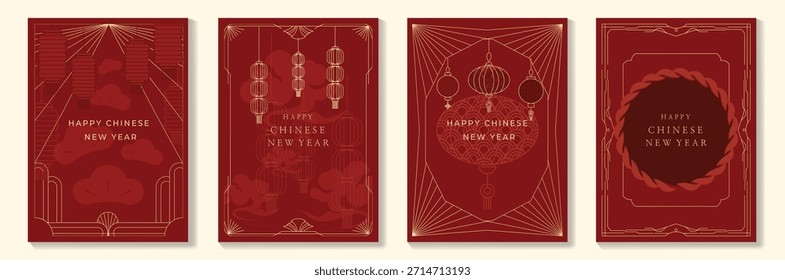 Marco decorativo chino del Vector del año Nuevo 2026 fijado con el arte rojo y dorado de la línea Diseño oriental elegante de la frontera para el empaquetado y el fondo de la invitación del cartel de la tarjeta de felicitación.