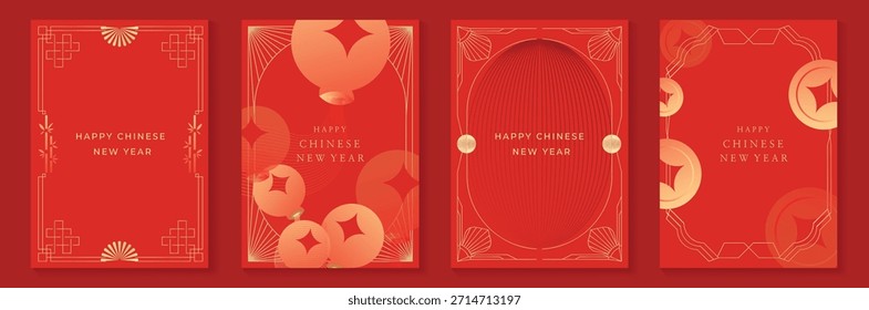 Marco decorativo chino del Vector del año Nuevo 2026 fijado con el arte rojo y dorado de la línea Diseño oriental elegante de la frontera para el empaquetado y el fondo de la invitación del cartel de la tarjeta de felicitación.