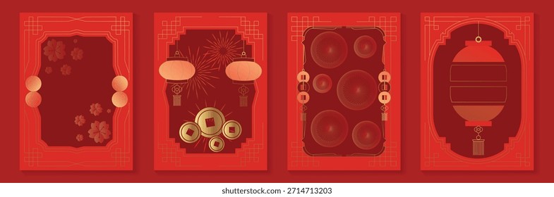 Marco decorativo chino del Vector del año Nuevo 2026 fijado con el arte rojo y dorado de la línea Diseño oriental elegante de la frontera para el empaquetado y el fondo de la invitación del cartel de la tarjeta de felicitación.