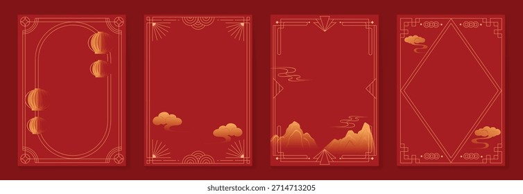 Quadro decorativo vetor chinês Ano Novo 2026 definido com arte de linha vermelha e dourada. Design elegante borda oriental para saudar cartão cartaz convite embalagem e fundo.