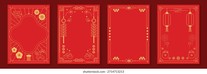 Marco decorativo chino del Vector del año Nuevo 2026 fijado con el arte rojo y dorado de la línea Diseño oriental elegante de la frontera para el empaquetado y el fondo de la invitación del cartel de la tarjeta de felicitación.