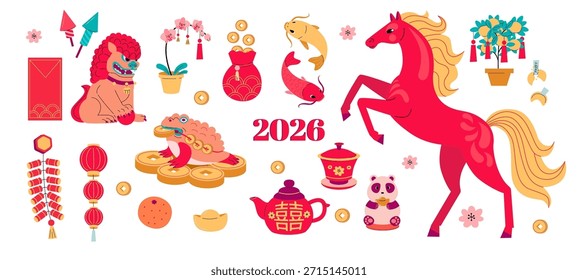 Vector chino del año Nuevo 2026 engastado con caballo del zodiaco, monedas de la suerte, dragones, linternas, lingotes de oro y símbolos tradicionales. Elementos tradicionales de festivales asiáticos. Caballo de fuego Ilustración del Año Nuevo Lunar. 