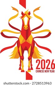 Chinesisches Neujahr 2026, Vektorgrafik mit dem Jahr des Pferdes in Rot- und Goldfarben. Ideal für Mondneujahrsplakate, Banner, Grüße, Branding und festliche Designs.