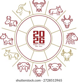 Chinesisches Neujahr 2026, Vektorgrafik mit dem Jahr des Pferdes in Rot- und Goldfarben. Ideal für Mondneujahrsplakate, Banner, Grüße, Branding und festliche Designs.