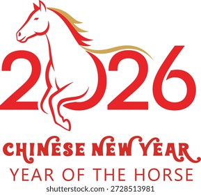 Chinesisches Neujahr 2026, Vektorgrafik mit dem Jahr des Pferdes in Rot- und Goldfarben. Ideal für Mondneujahrsplakate, Banner, Grüße, Branding und festliche Designs.