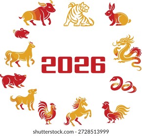 Ilustração do vetor do Ano Novo Chinês 2026 apresentando o Ano do Cavalo nas cores vermelha e dourada. Ideal para cartazes de Ano Novo Lunar, banners, saudações, branding e desenhos festivos.