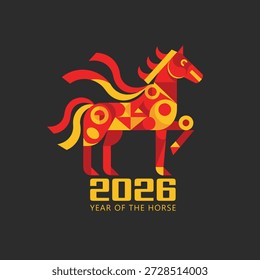 Ilustración vectorial china del Año Nuevo 2026 con el Año del Caballo en colores rojo y dorado. Ideal para carteles, Anuncios, saludos, marca y diseños festivos del Año Nuevo Lunar.