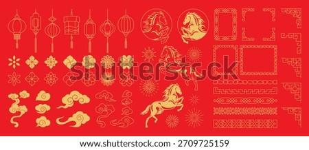 Chinese New Year 2026 vector illustration for Year of the Horse with gold line art horses, lanterns, lotus flowers, cloud symbols, geometric frames, round patterns and festive decorations. Suitable fo