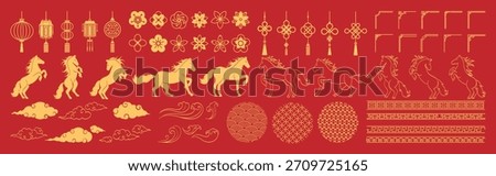 Chinese New Year 2026 vector illustration for Year of the Horse with gold line art horses, lanterns, lotus flowers, cloud symbols, geometric frames, round patterns and festive decorations. Suitable fo