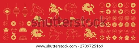 Chinese New Year 2026 vector illustration for Year of the Horse with gold line art horses, lanterns, lotus flowers, cloud symbols, geometric frames, round patterns and festive decorations. Suitable fo