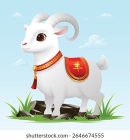 Ano Novo chinês 2027, vetor de desenho animado 3D Cabra Branca Fofa, de pé na rocha com grama verde. Tradução : Caprino