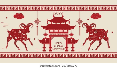 Chinese New Year 2027 with goat, clouds and vintage red Сhinese Traditional temple with hanging paper lanterns and columns. Horizontal New Year banners, posters, newsletters. 2027 Lunar New Year