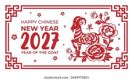 Ano Novo Chinês 2027 - Ano da armação da cabra com estilo de corte de papel floral. Tradução : Caprino