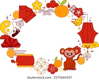 Chinese new year 2028 monkey lunar lantern festival oval frame template for your text. CNY related objects vector graphic illustration
