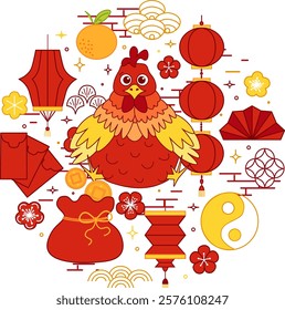  Chinese new year 2029 Rooster circle round composition.  Vector graphic line illustration lunar lantern festival elements
