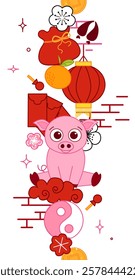 Chinese new year 2031 Vector Decorations with cute pig, lantern elements, clouds, fan, pattern, and transparent background seamless vertical border. Suitable for use as cards, design, wallpaper
