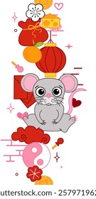 Chinese new year 2032 Vector Decorations with cute rat, mouse, lantern elements, clouds, fan, pattern, and transparent background seamless vertical border. Suitable for use as cards, design, wallpaper