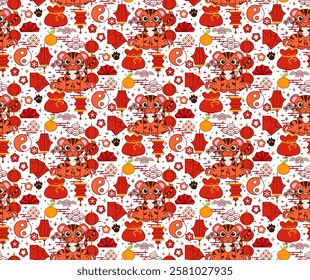 Chinese new year 2034 Tiger elements seamless pattern. Vector graphic line Oriental traditional background. Greeting card ornament. Red packet elements and texture.
