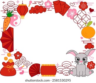 Chinese new year 2035 bunny rabbit rectangle oval frame. Vector graphic line Asia oriental traditional ornament, frame and border. Lunar lantern festival illustration template

